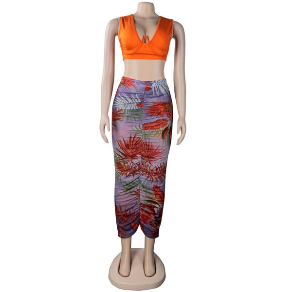 Women Sexy Two Piece Sleeveless Floral Print Maxi Skirt Set