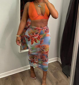 Women Sexy Two Piece Sleeveless Floral Print Maxi Skirt Set