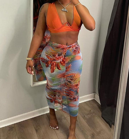 Women Sexy Two Piece Sleeveless Floral Print Maxi Skirt Set