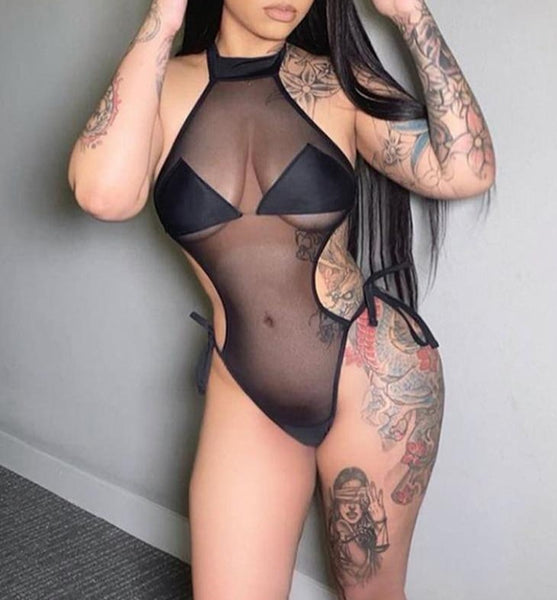 Women Sexy Black Mesh Halter Backless Bodysuit Lingerie