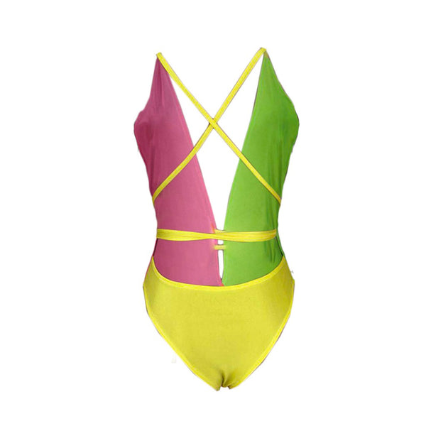 Women Sexy Fashion Color-Block Backless Swimsuit