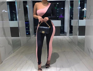 Women One Shoulder Black/Pink Two Piece Pant Set