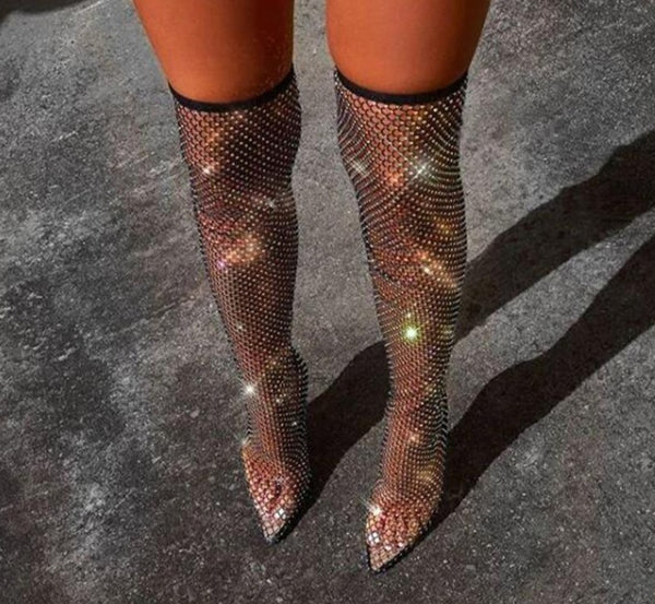 Women Black Bling Mesh Over The Knee High Heel Boots