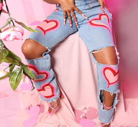 Women Heart Print Ripped Fashion Denim Pants