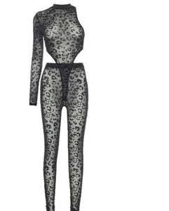 Women Sexy Black Leopard Print One Shoulder Two Piece Pant Set