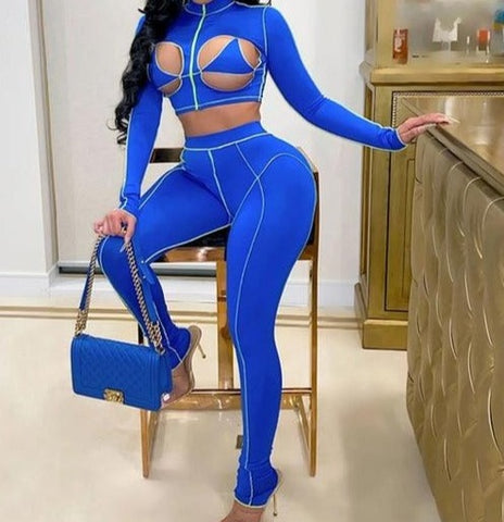 Women Two Piece Fashion Cut Out Long Sleeve Pant Set