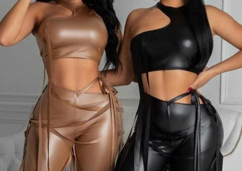 Women Faux Leather Sleeveless Crop Fashion Top