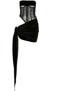 Women Sexy Black Velvet Mesh Strapless Mini Skirt Set