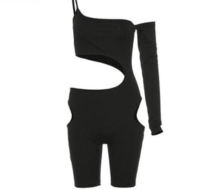 Women Black Sexy Cut Out One Sleeve Fashion Romper