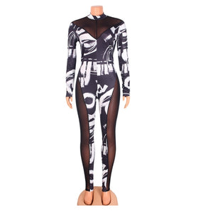 Women Sexy Printed Mesh Patchwork Long Sleeve Fashion Jumpsuit