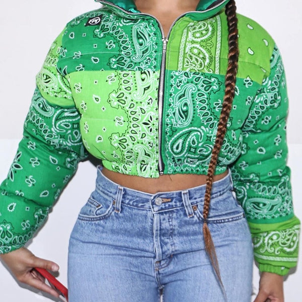 Women Color Bandanna Print Fashion Crop Puff Jacket