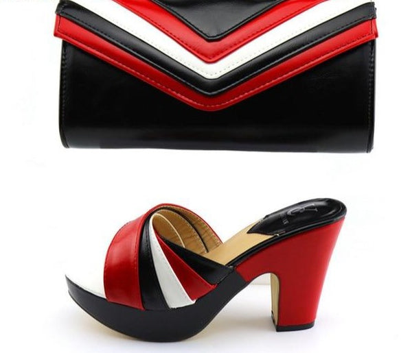 Women Fashion Color Patchwork Slide On Sandals Handbag Set