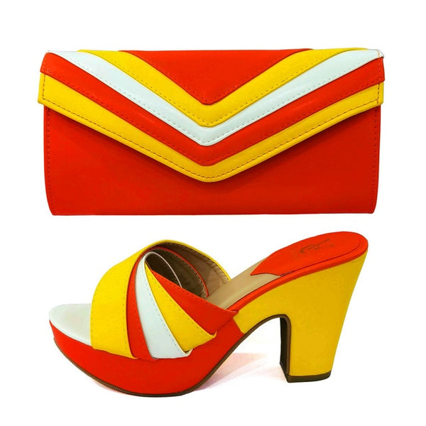 Women Fashion Color Patchwork Slide On Sandals Handbag Set