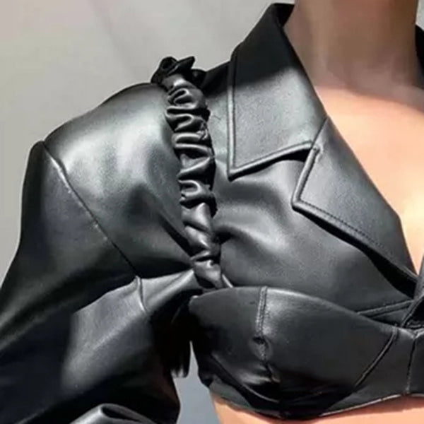 Women Fashion Faux Leather Black Collar Crop Top