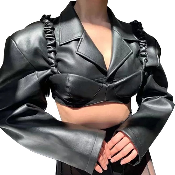Women Fashion Faux Leather Black Collar Crop Top