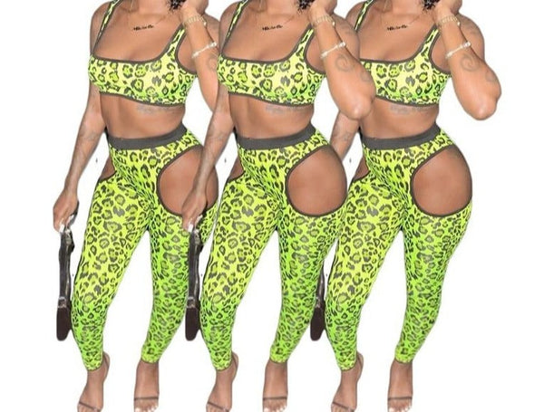 Women Sexy Neon Leopard Print Cut Out Two Piece Crop Pant Set