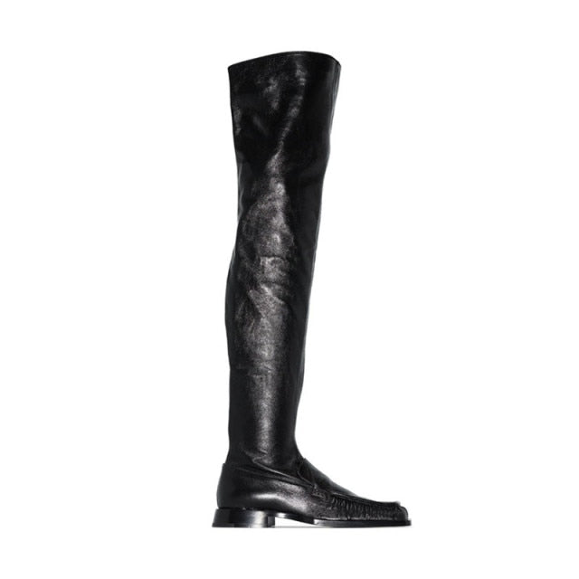 Women Square Toe Fashion Genuine Leather Over The Knee Boots