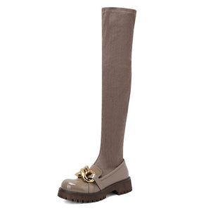 Women Over The Knee Gold Buckle Fashion Flat Boots