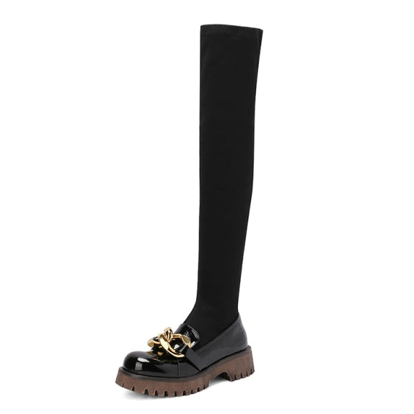 Women Over The Knee Gold Buckle Fashion Flat Boots