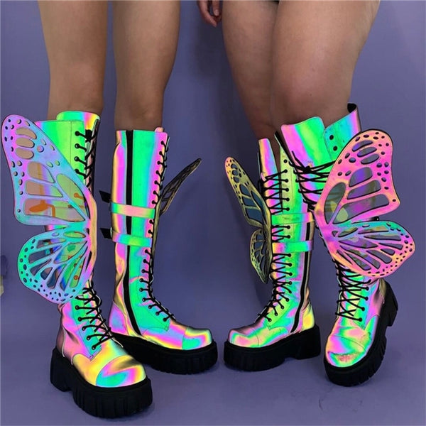 Women Reflective Removable Butterfly Platform Knee High Boots