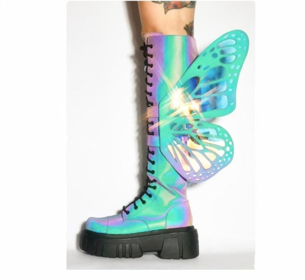 Women Reflective Removable Butterfly Platform Knee High Boots