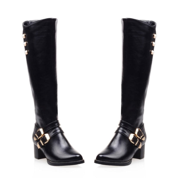 Women Knee-High Fashion Buckled Round Toe Boots