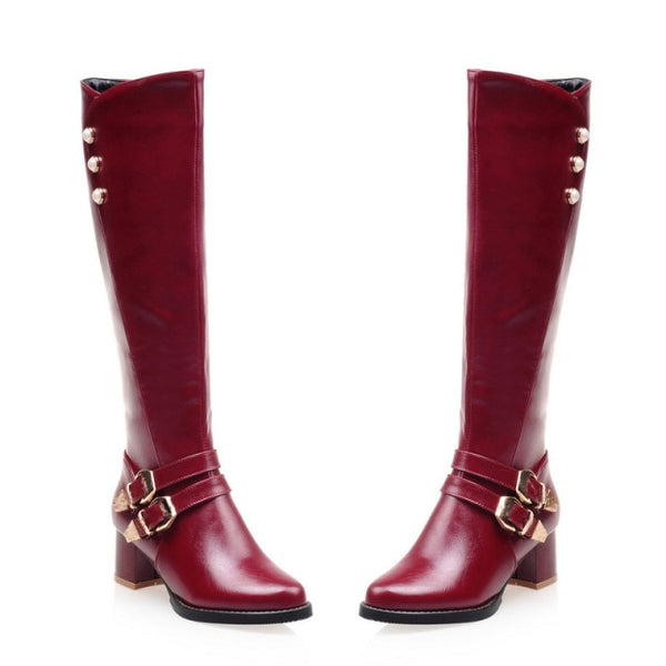 Women Knee-High Fashion Buckled Round Toe Boots