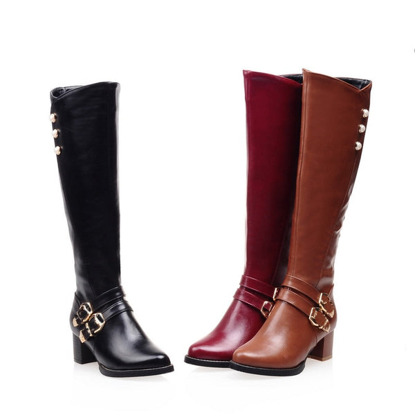 Women Knee-High Fashion Buckled Round Toe Boots