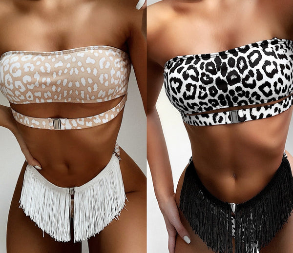 Women Sexy Printed Strapless Tassel Bikini Swimsuit