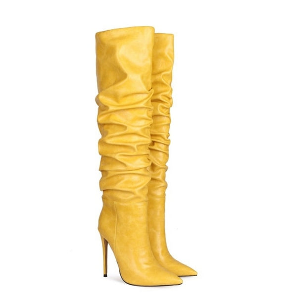 Women Pointed Toe High Heel Ruche Fashion Boots