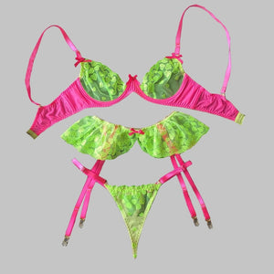 Women Sexy Neon Lace Three Piece Thong Lingerie Set