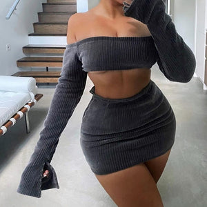 Women Sexy Fashion Two Piece Corduroy Crop Skirt Set