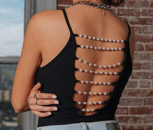 Women Fashion Pearl Chain Backless Sleeveless Top