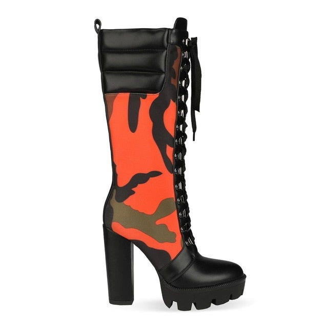 Women Fashion Printed Platform Square Heel Mid Calf Boots
