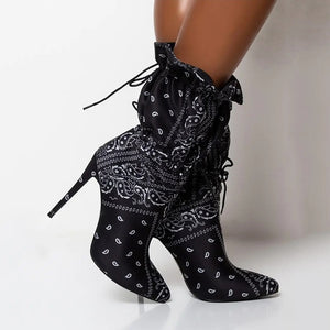 Women Fashion Drawstring Bandanna Print High Heel Boots