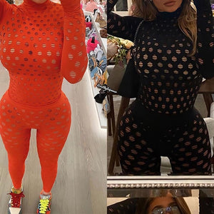 Women Sexy Color Fishnet Two Piece Fashion Pant Set