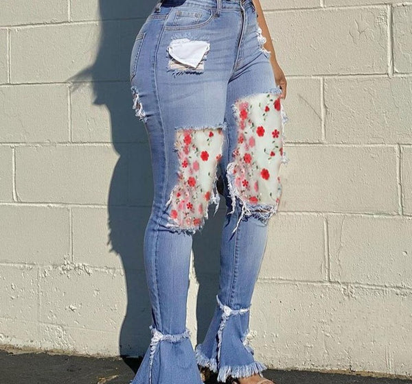 Women Floral Mesh Patchwork Fashion Denim Pants