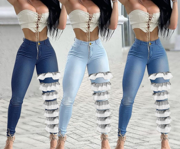 Women Fashion Stretch Ruffled Leg Denim Pants