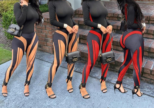 Women Fashion Color Striped Two Piece Full Sleeve Pant Set