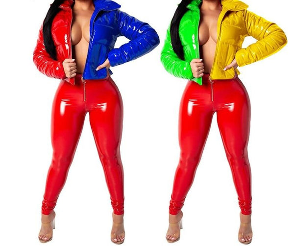 Women Fashion Color Patchwork PU Leather Bubble Jacket