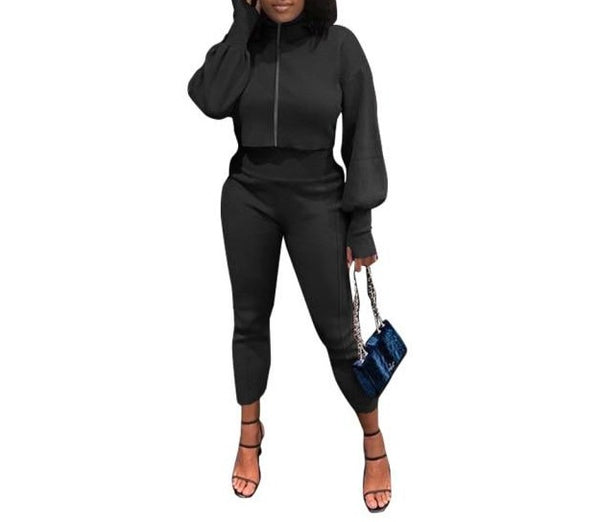 Women Zipper Full Sleeve Fashion Two Piece Pant Set