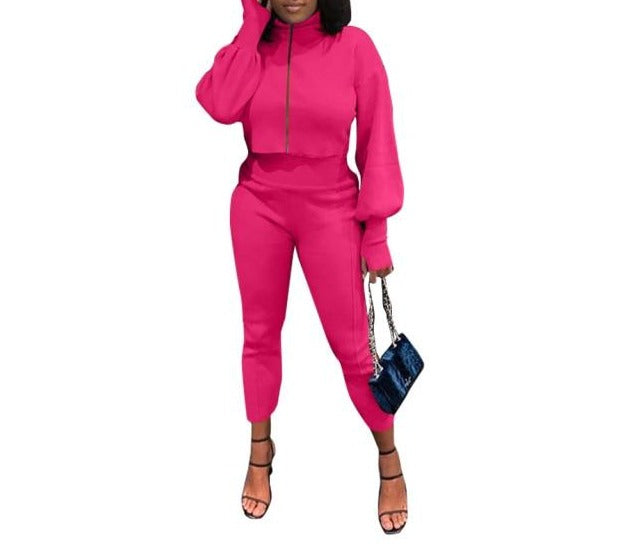 Women Zipper Full Sleeve Fashion Two Piece Pant Set