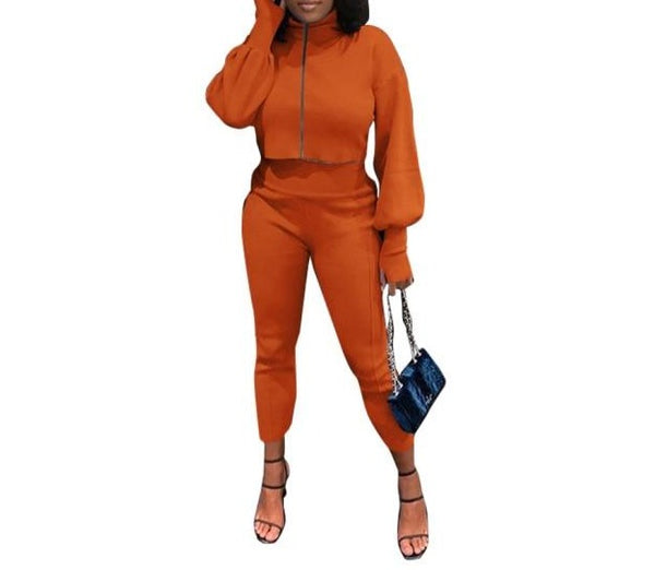 Women Zipper Full Sleeve Fashion Two Piece Pant Set