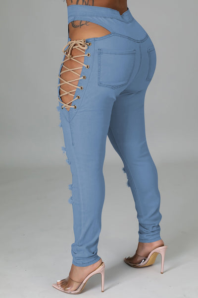 Women Ripped Lace Up Fashion Denim Pants
