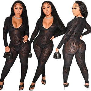 Women Black Printed Lace Sexy Fashion Full Sleeve Jumpsuit