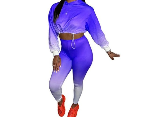 Women Gradient Hooded Fashion Crop Two Piece Pant Set