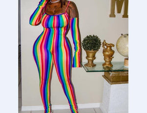 Women Sexy Off The Shoulder Rainbow Stripe Jumpsuit