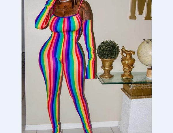 Women Sexy Off The Shoulder Rainbow Stripe Jumpsuit