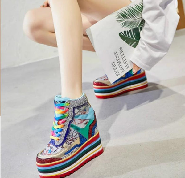 Women Fashion Rainbow Platform Lace-Up Sneakers