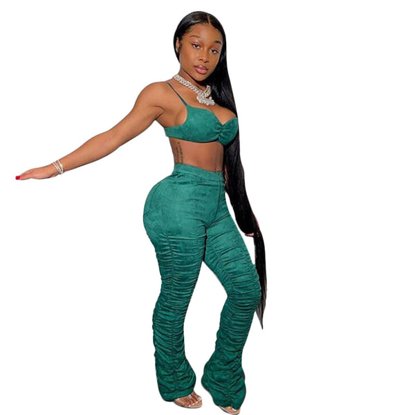 Women Sexy Green Two Piece Ruched Pant Set
